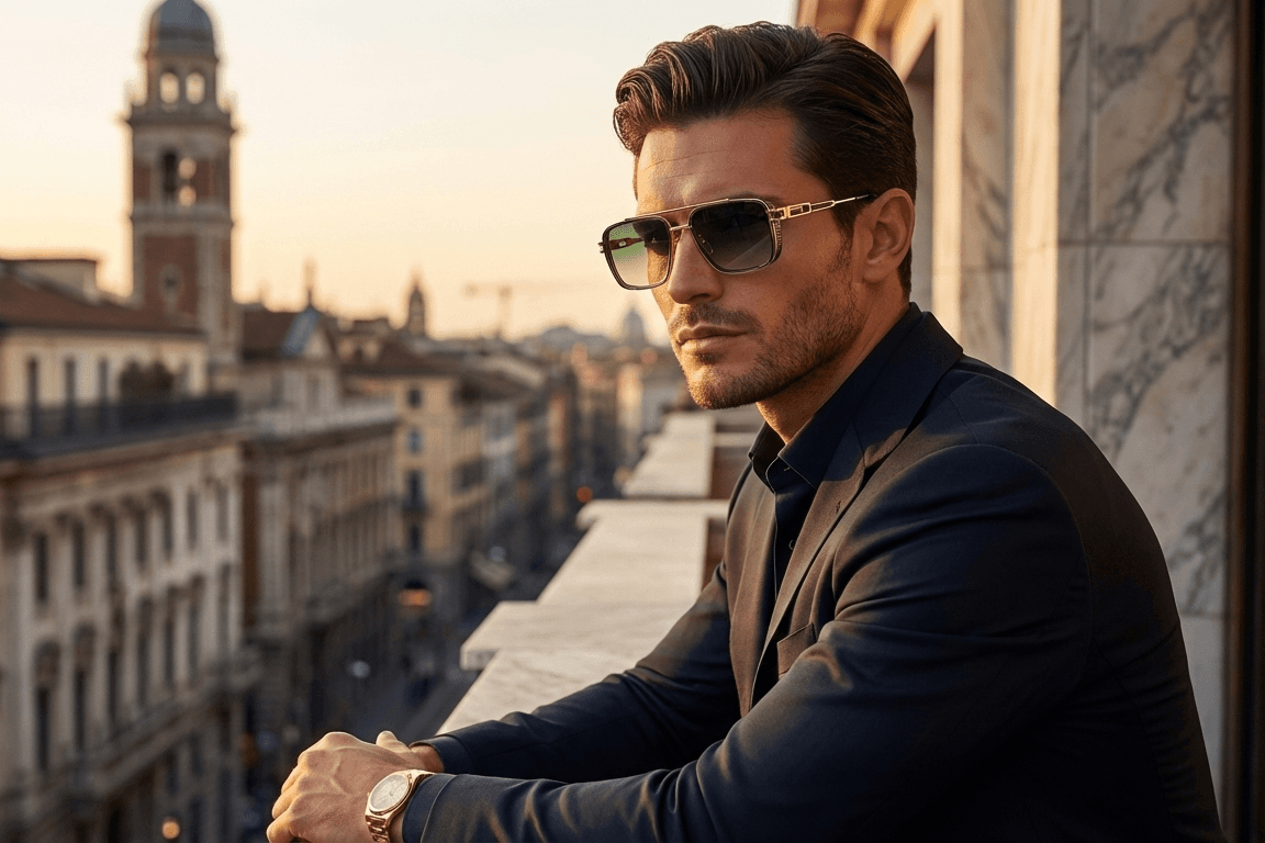 CARLO DALI "EMPIRE" | Polished Gold & Black Textured Square Aviator Sunglasses thumbnail 5