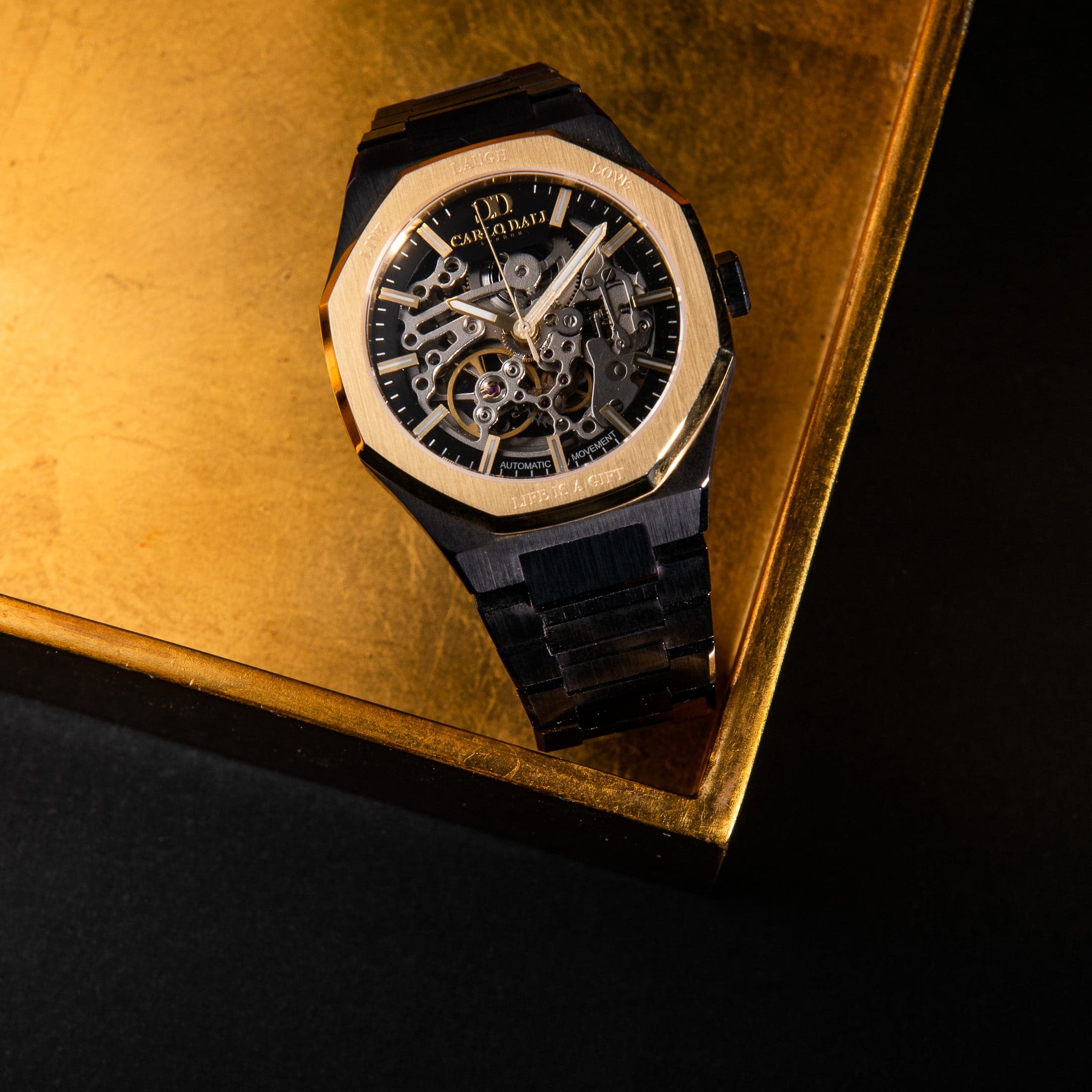 "OCTAGON" LIVE LAUGH LOVE BLACK & GOLD LIMITED WATCH thumbnail 2