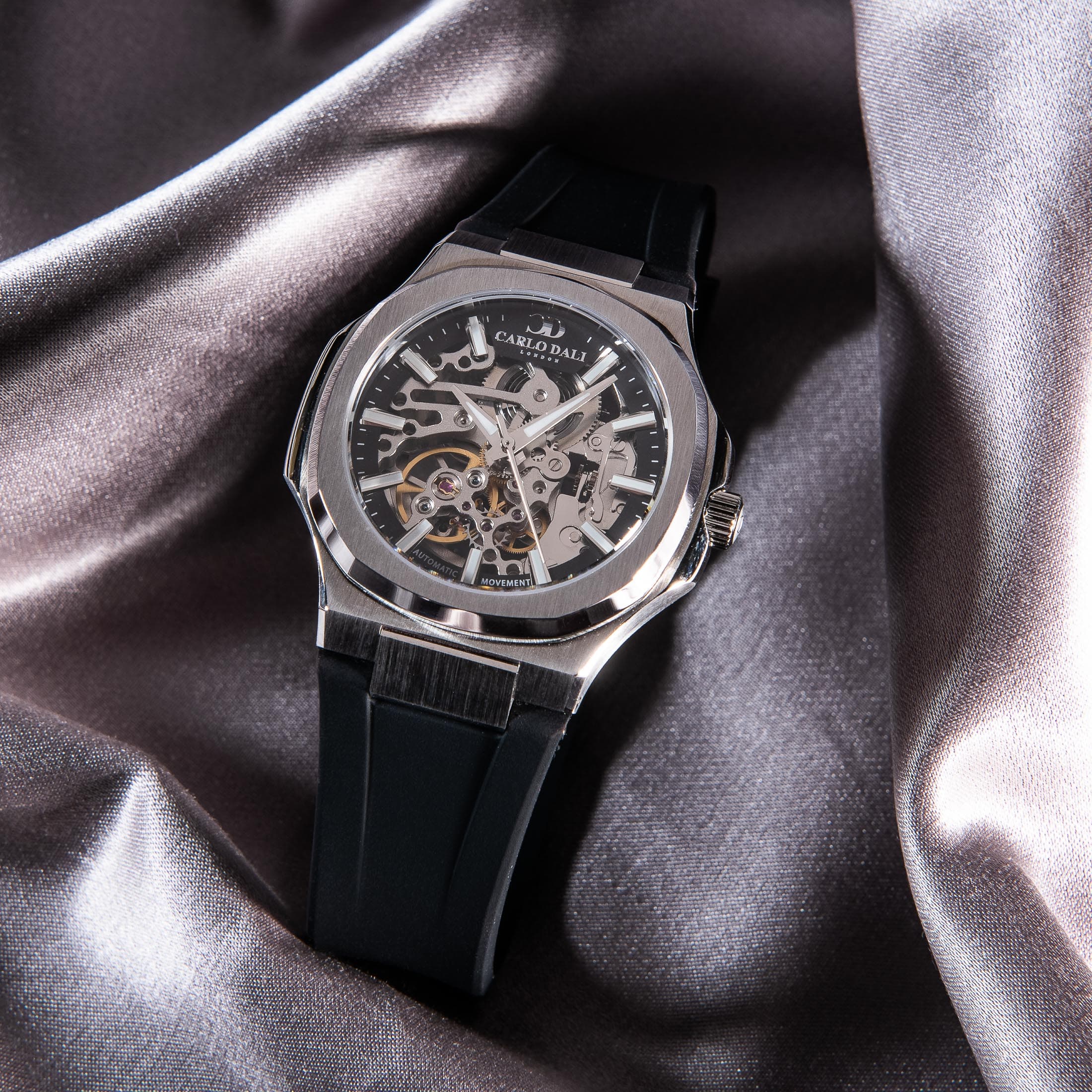 "TIMELESS" SKELETON BLACK & SILVER RUBBER WATCH thumbnail 2